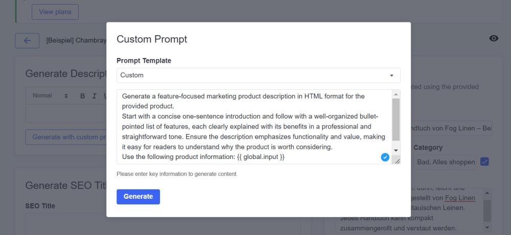 Generate product description with custom prompt