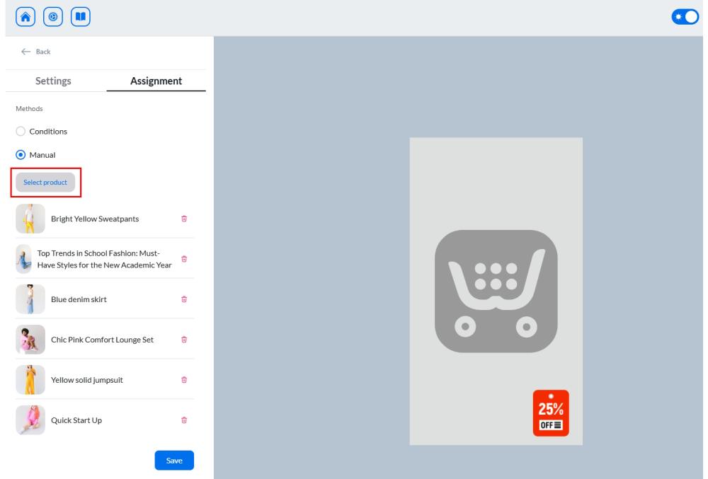 Manual product label assignment by selecting products