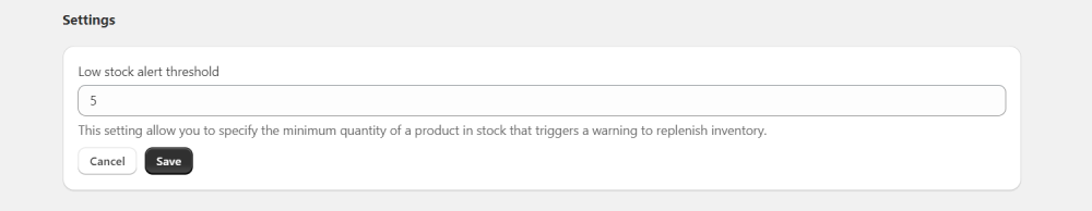 Low stock alerts threshold feature in Admin Notifications for Shopify