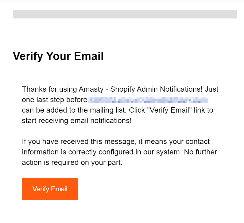 Verification email of Admin Notifications for Shopify