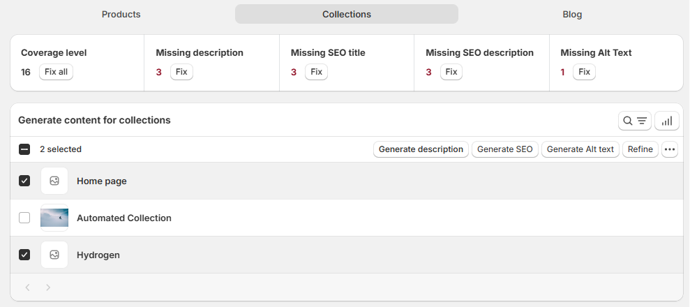 Collections content generation page