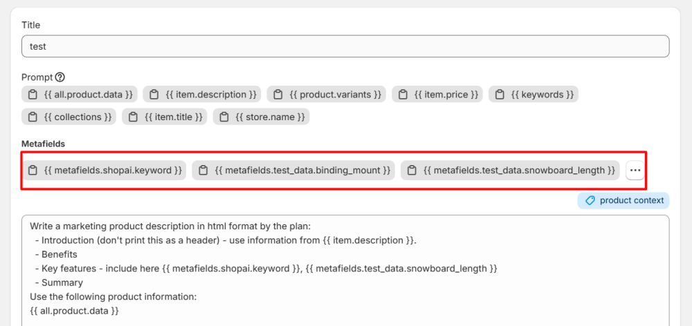 Metafields variables