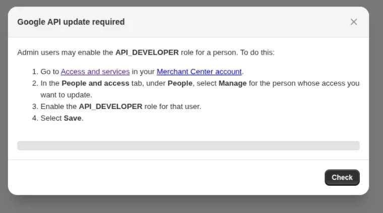 Google Merchant Center - API_DEVELOPER role