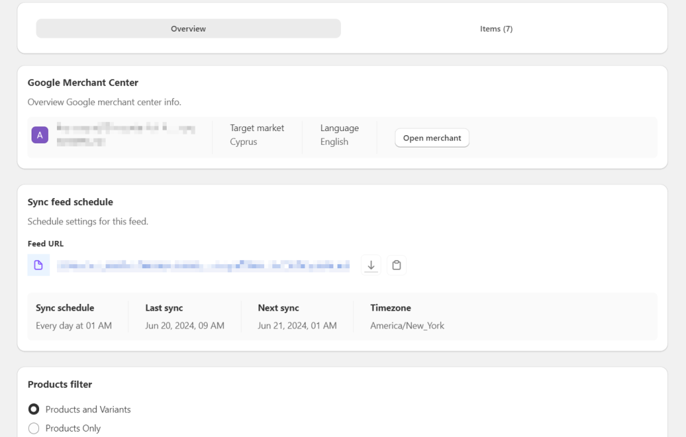 Overview of Google feed created through the integration with Google Merchant Center