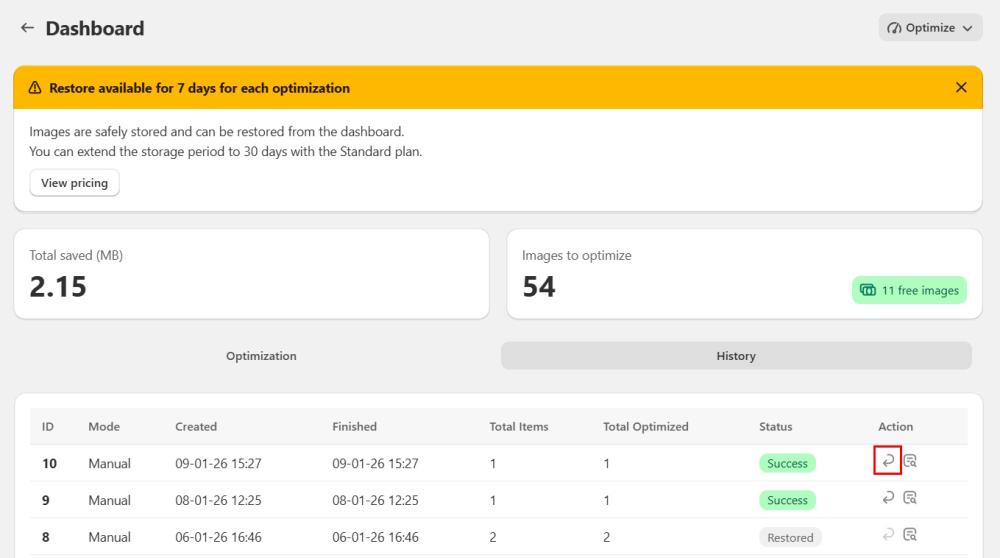 Restore images in bulk