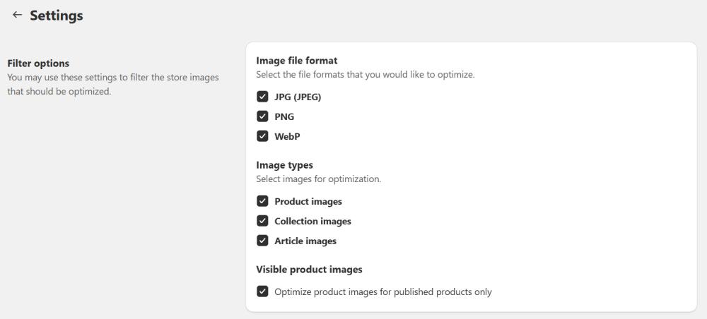 Image optimization settings