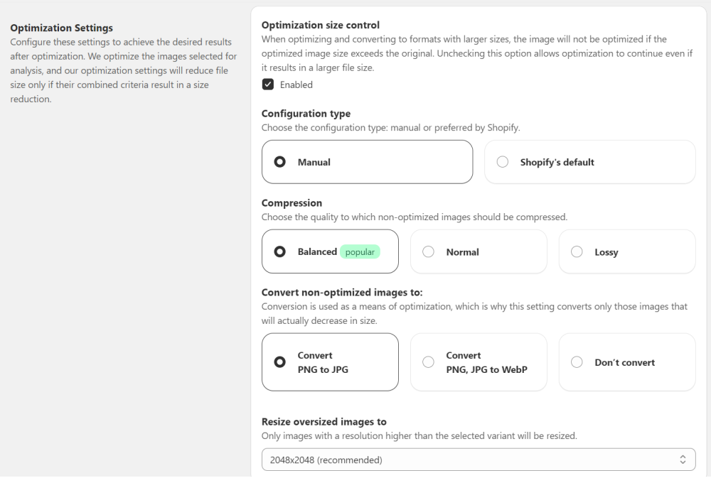 Optimization settings