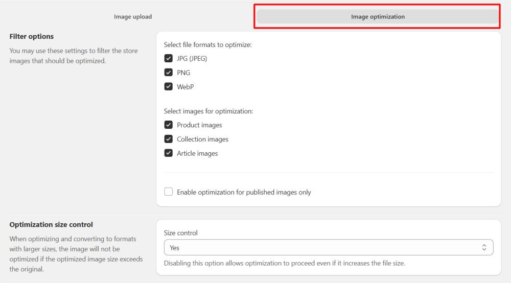 Image optimization settings