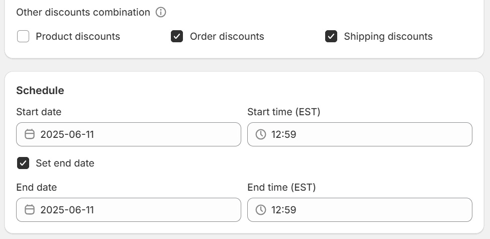 Discounts combination and schedule settings