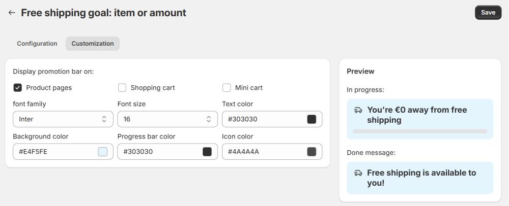 Free Shipping Customization tab