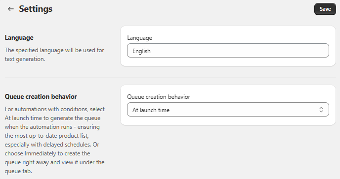 Settings page showing language selection for AI-generated text and an option to set queue creation behavior for automated product posts.