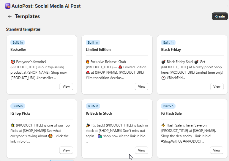 AutoPost app showing the "Templates". There are six built-in templates: Bestseller, Limited Edition, Black Friday, Top Picks, Back In Stock, Flash Sale
