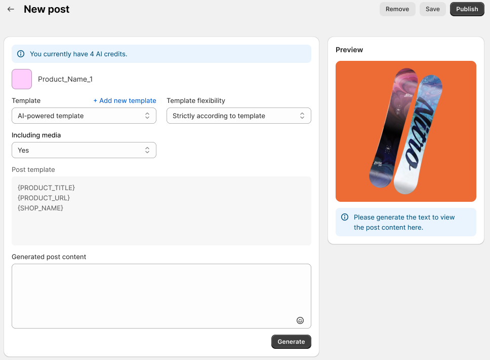 Screenshot of a social media post creation page in AutoPost. Options shown include selecting a template, choosing template flexibility (strict or flexible), including media, media type (post or story), generating post content, setting language, and previewing the post.