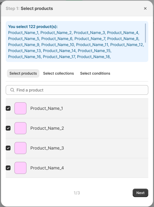 Screenshot of a page with options to target automation by selecting products, collections, or setting conditions. Includes descriptions for each option.