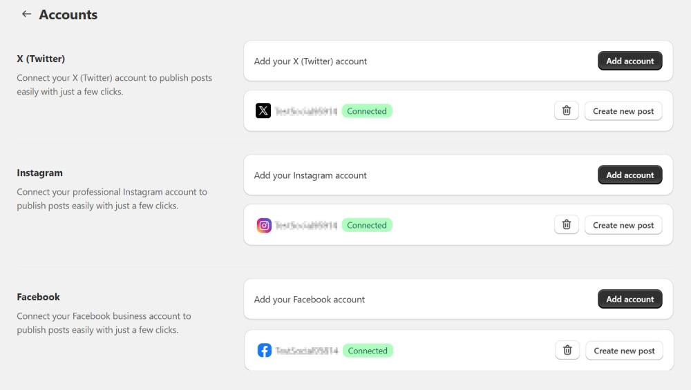 Add social media account to Integrations section