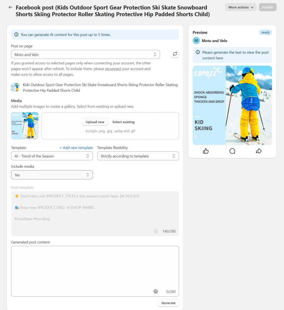 Screenshot of a social media post creation page in AutoPost. Options shown include selecting a template, choosing template flexibility (strict or flexible), including media, media type (post or story), generating post content, setting language, and previewing the post.