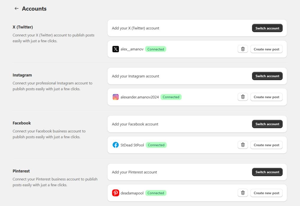 Add social media account to Integrations section