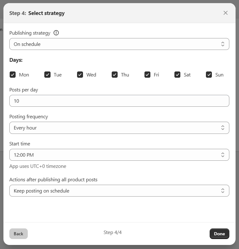 Step 4: Choose publishing strategy – 'On schedule' selected with schedule builder visible for setting days and times to publish posts