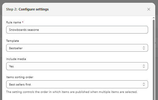 Step 2: Configure automation settings – enter automation name, select post template, choose whether to include media, and set item sorting order.