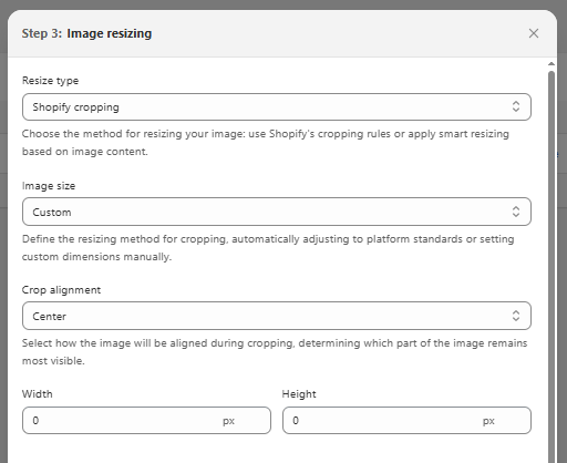 Step 3: Set image crop and resize options – choose resizing method, select image size, and adjust crop alignment if applicable