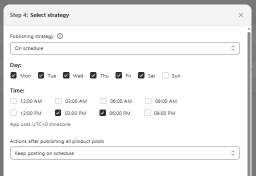 Step 4: Choose publishing strategy – 'On schedule' selected with schedule builder visible for setting days and times to publish posts