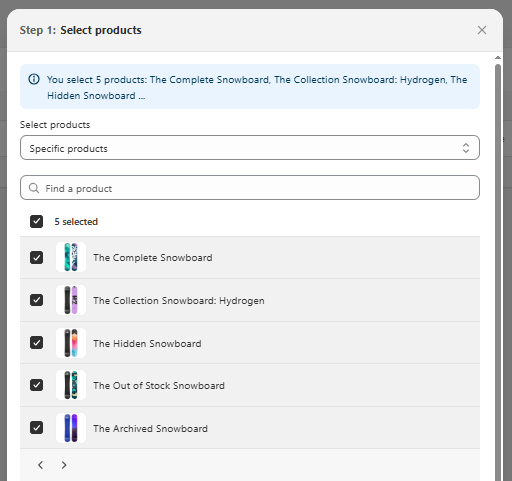 Automotion creation - Step 1: Select product source – choose from Random product, Specific products, Specific collections