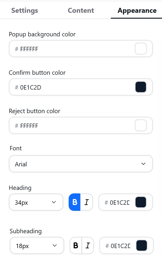 Appearance settings for age verification popup