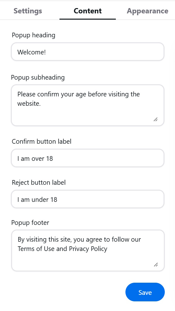 Content customization for age verification popup