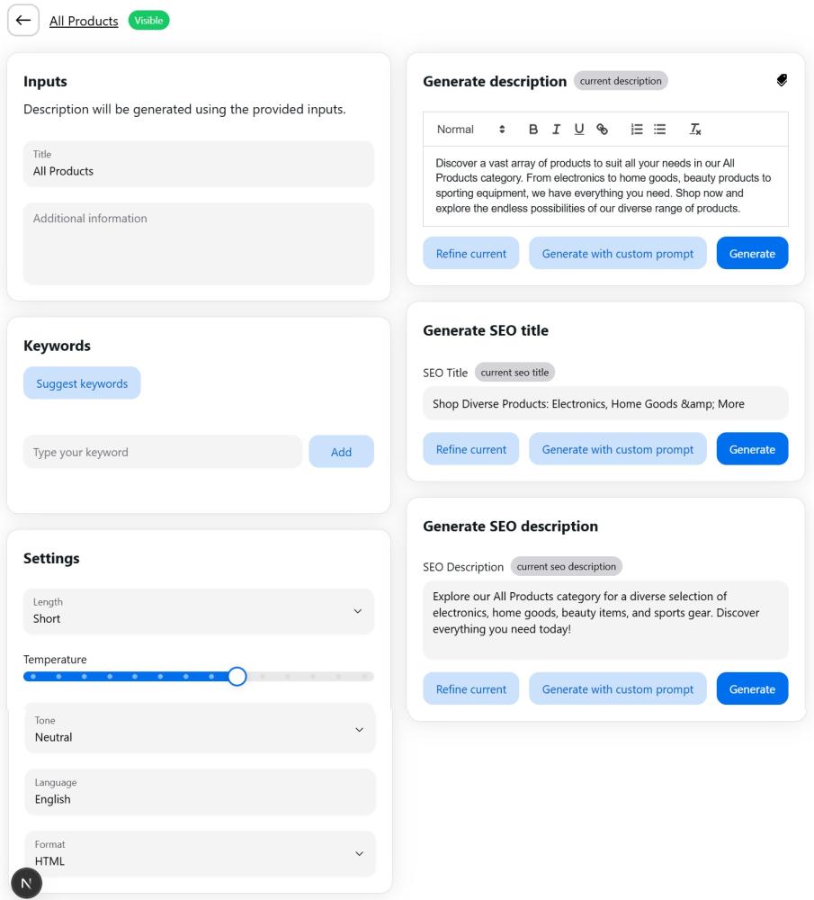 Category content generation page