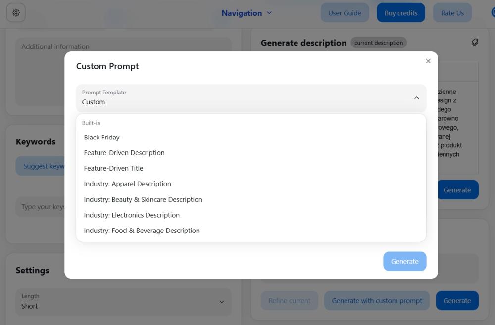 Select prompt templates from the dropdown