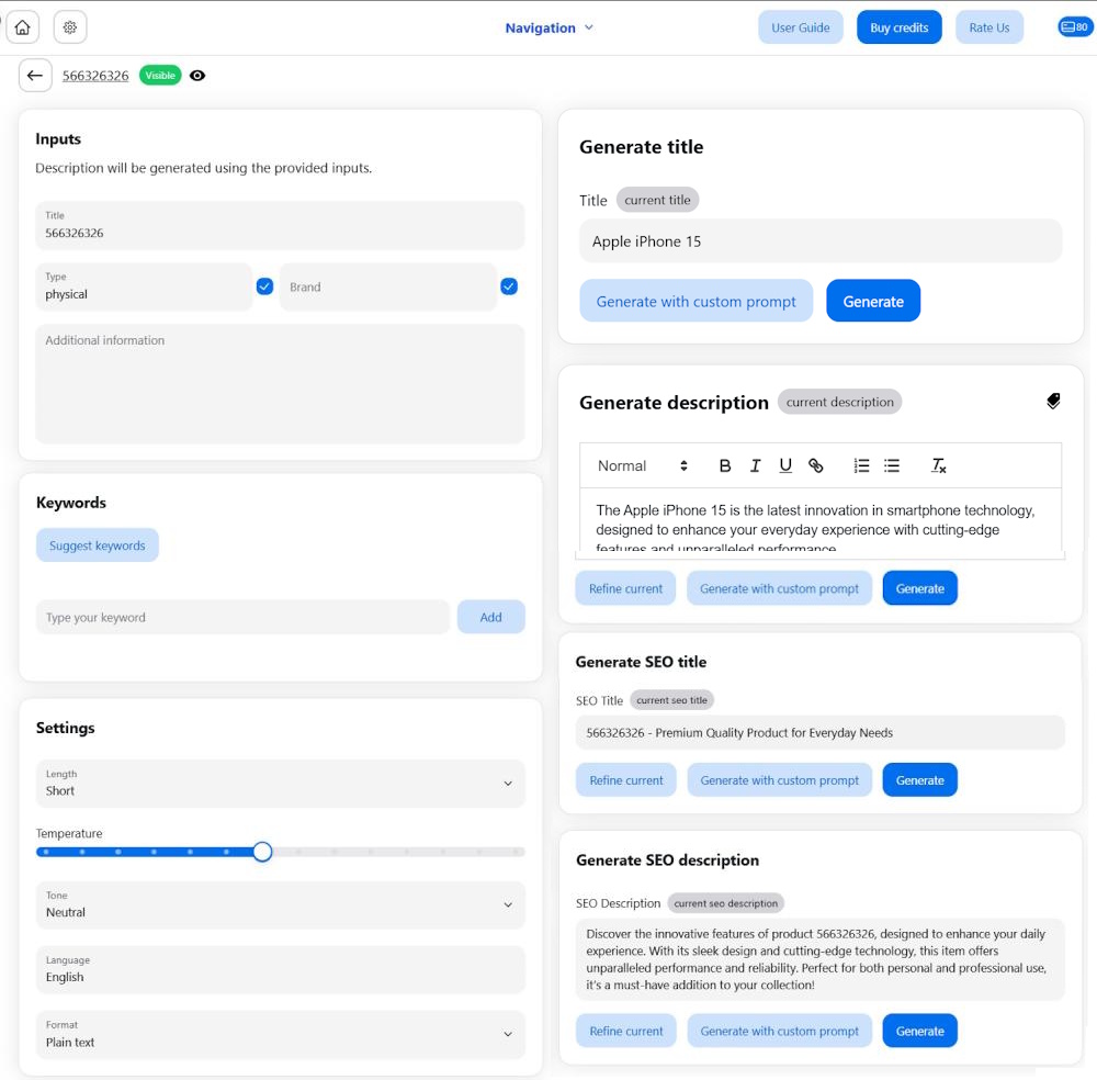 product content generation page