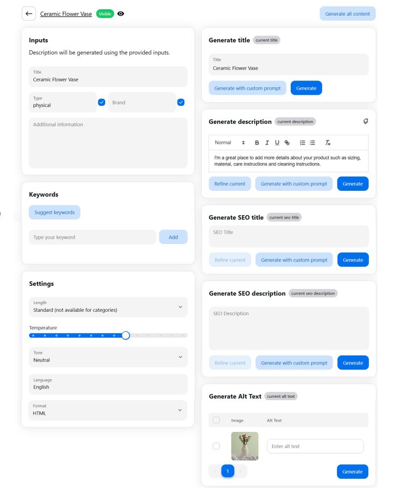 product content generation page